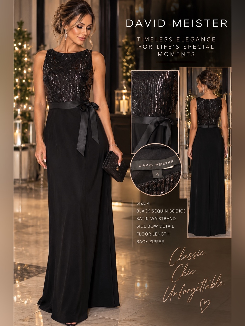 David Meister Black Sequin Satin Evening Gown Dress Size 4